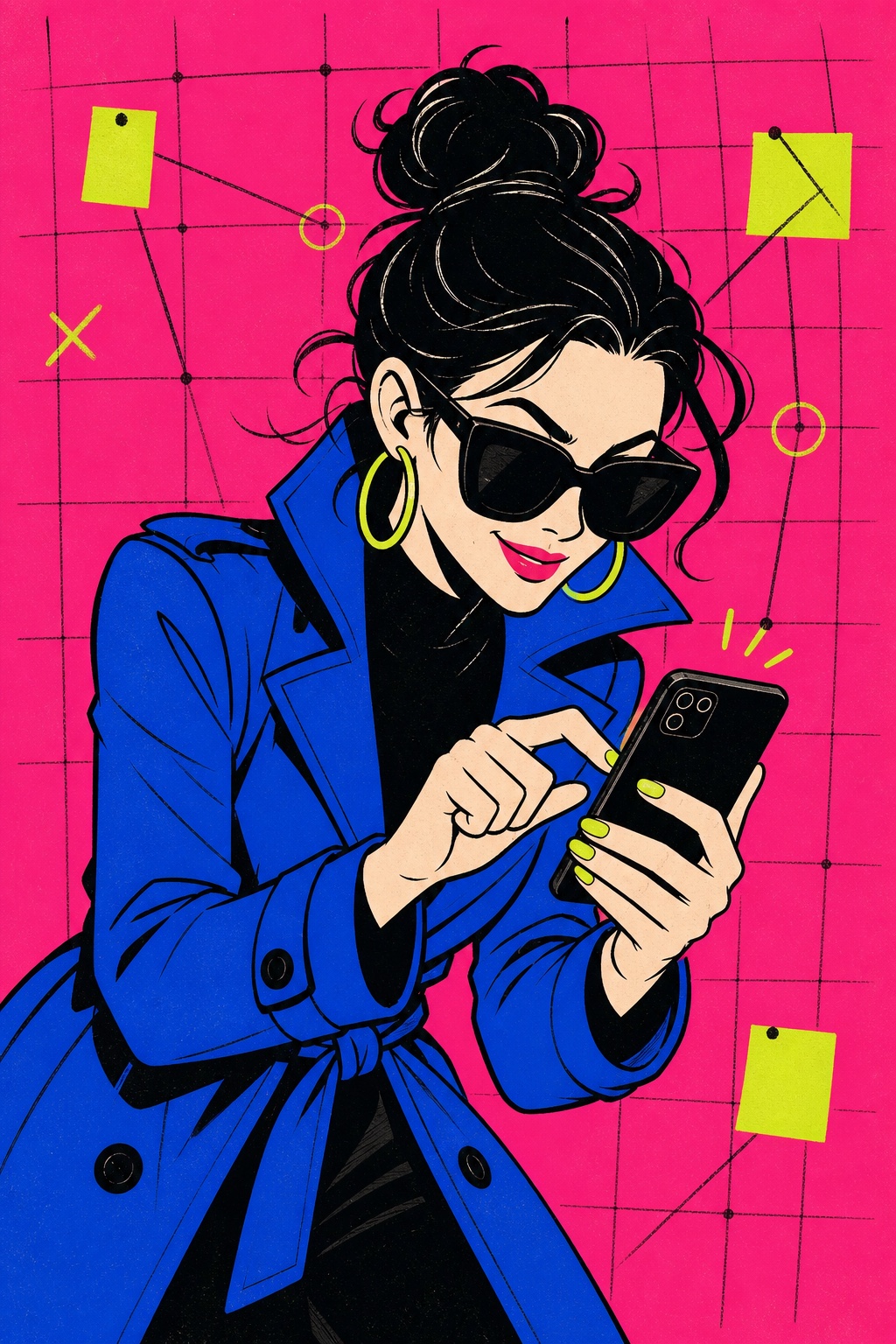Cartoon private investigator scrolling through her phone